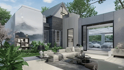 3D minimalistic building exploring the exterior view rotating 180 degrees. The house should be mixed together with the camera views of different angles, camera moving from inside of the house to outside. There are plants and trees are surrounding the house and there is a pool and a parking place with 5 SUV cars black, white and blue cars. The camera is from the 45 degrees angle. The camera is moving from the distance of the house to the closeup.