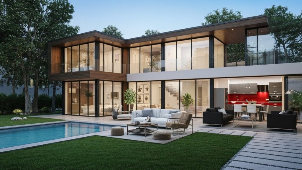 The camera is coming from the right side top. There are 7 artworks of the women in the walls placed randomly on the 3d futuristic architecture. The exterior is futuristic and round 3d architectural. There are red interior design elements on the picture. These artworks are some red, some stunning gray. The artworks are in different sizes. Camera is moving from the exterior to interior. The exterior is futuristic AI 3D arcitectural imaging. Be creative. The house has corners and the overall design is box like house. There are people walking inside and outside the house talking. The nature sounds and music is playing and the birds are flying over house.