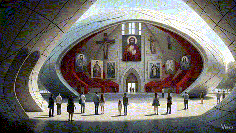 Create Church of the furure. The camera is coming from the right side top. There are 7 artworks of the Jesus Christ and crosses in the walls placed randomly on the 3d futuristic architecture. The exterior is futuristic and round 3d architectural. There are red interior design elements on the picture. These artworks are some red, some stunning gray. The artworks are in different sizes. Camera is moving from the exterior to interior. The exterior is futuristic AI 3D arcitectural imaging. Be creative.There are people walking inside and outside the house talking. The nature sounds and music is playing and the birds are flying over house.